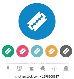 Razor blade flat white icons on round color backgrounds. 6 bonus icons included.