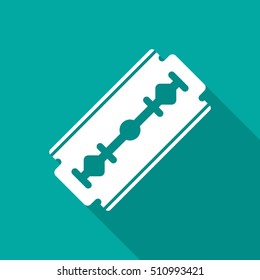 Razor blade icon with long shadow. Flat design style. Razor blade silhouette. Simple green icon. Modern flat icon in stylish colors. Web site page and mobile app design vector element.