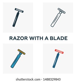 Razor With A Blade icon set. Four elements in diferent styles from barber shop icons collection. Creative razor with a blade icons filled, outline, colored and flat symbols.