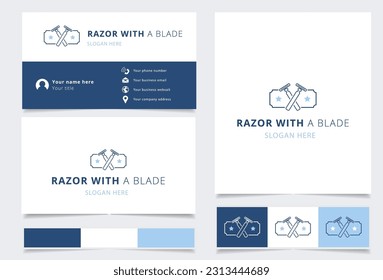 Razor with a blade logo design with editable slogan. Branding book and business card template.