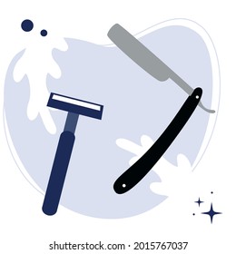 Razor and blade on a blue background. Vector flat illustration. Men's shaving and personal care supplies. Hygiene and health.