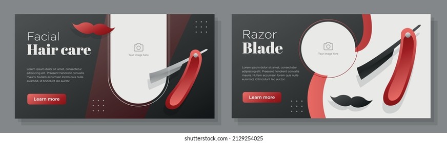 Razor blade online banner template set, facial hair beard care corporate advertisement, horizontal ad, barber shop campaign webpage, flyer, creative brochure, isolated on background.