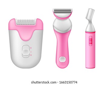 Razor blade realistic set. Shaving razor mockup electric shaver, epilator, trimmer for women. Shaving accessories for the bathroom for removal hair for smooth skin vector
