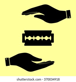 Razor blade sign. Save or protect symbol by hands.