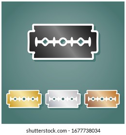 Razor blade sign. Set of metallic Icons with gray, gold, silver and bronze gradient with white contour and shadow at viridan background. Illustration.