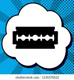 Razor blade sign. Vector. Black icon in bubble on blue pop-art background with rays.