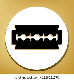 Razor blade sign. Vector. Black icon with light brown shadow in white circle with shaped ring at golden background.