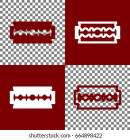 Razor blade sign. Vector. Bordo and white icons and line icons on chess board with transparent background.