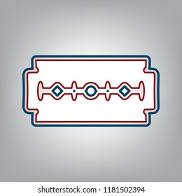Razor blade sign. Vector. Dark red, transparent and midnight green stroke of white icon at grayish background.