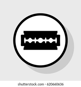 Razor blade sign. Vector. Flat black icon in white circle with shadow at gray background.