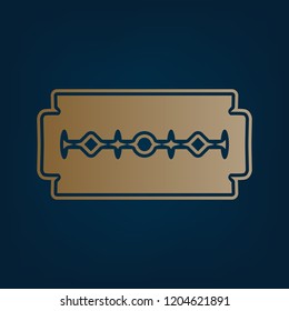Razor blade sign. Vector. Golden icon and border at dark cyan background.