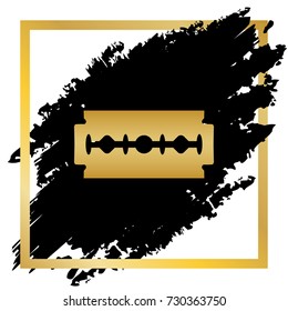 Razor blade sign. Vector. Golden icon at black spot inside golden frame on white background.