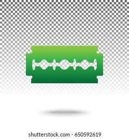 Razor blade sign. Vector. Green gradient icon with shadow at bottom on transparent and white background.