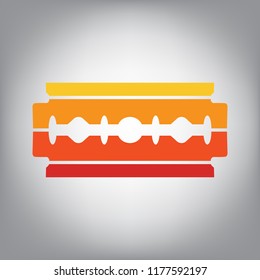 Razor blade sign. Vector. Horizontally sliced icon with colors from sunny gradient in gray background.