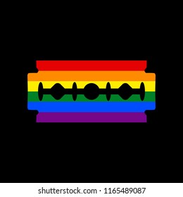 Razor blade sign. Vector. Icon with colors of LGBT flag at black background.