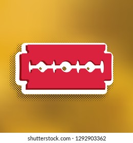 Razor blade sign. Vector. Magenta icon with darker shadow, white sticker and black popart shadow on golden background.