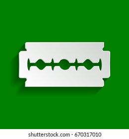 Razor blade sign. Vector. Paper whitish icon with soft shadow on green background.
