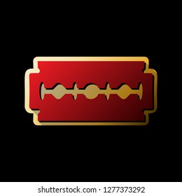 Razor blade sign. Vector. Red icon with small black and limitless shadows at golden sticker on black background.