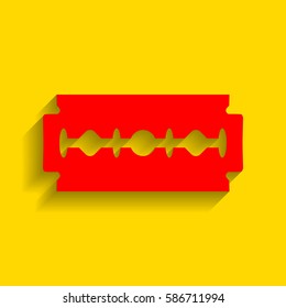 Razor blade sign. Vector. Red icon with soft shadow on golden background.