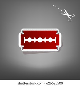 Razor blade sign. Vector. Red icon with for applique from paper with shadow on gray background with scissors.