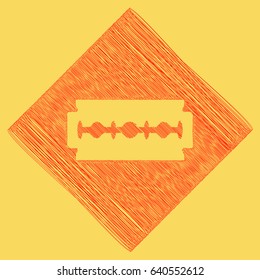 Razor blade sign. Vector. Red scribble icon obtained as a result of subtraction rhomb and path. Royal yellow background.