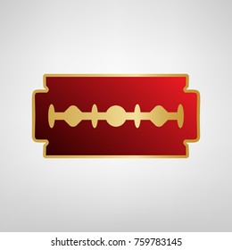 Razor blade sign. Vector. Red icon on gold sticker at light gray background.