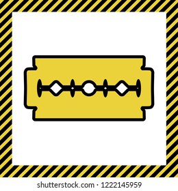 Razor blade sign. Vector. Warm yellow icon with black contour in frame named as under construction at white background. Isolated.