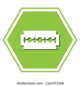 Razor blade sign. Vector. White icon with black shadow at yellow green honeycomb on white background.