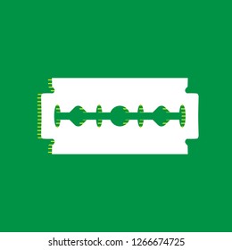 Razor blade sign. Vector. White flat icon with yellow striped shadow at green background.