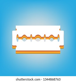 Razor blade sign. Vector. White icon with 3d warm-colored gradient body at sky blue background.
