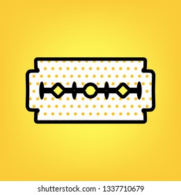 Razor blade sign. Vector. Yellow polka dot white icon with black contour at warm yellow background.