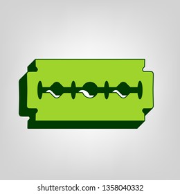 Razor blade sign. Vector. Yellow green solid icon with dark green external body at light colored background.