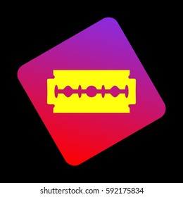 Razor blade sign. Vector. Yellow icon at violet-red gradient square with rounded corners rotated for dynamics on black background.