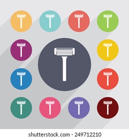 razor circle, flat icons set. Round colorful buttons 