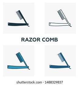 Razor Comb icon set. Four elements in diferent styles from barber shop icons collection. Creative razor comb icons filled, outline, colored and flat symbols.