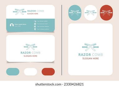 Razor Comb Logo Design mit bearbeitbarem Slogan. Branding-Buch- und Visitenkartenvorlage.