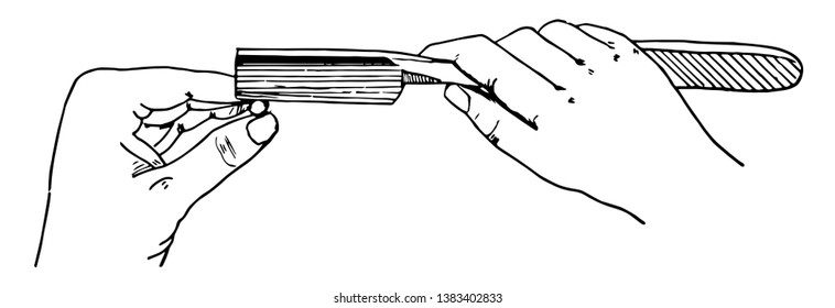 Razor cutting something in hands, vintage line drawing or engraving illustration.