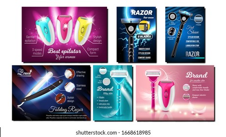 Razor And Epilator Advertising Banner Set Vector. Collection Of Different Creative Poster With Electric Device And Shaving Razor. Shave Equipment Compact Form And Stylish Design 3d Illustrations