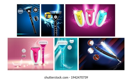 Razor And Epilator Advertising Banner Set Vector. Collection Of Different Creative Poster With Electric Device And Shaving Razor. Shave Equipment Compact Form And Stylish Design 3d Illustrations