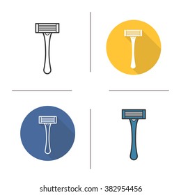 Razor flat design, linear and color icons set. Shaving razor logo concept. Isolated vector illustrations