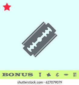 Razor icon flat. Grey pictogram on blue background. Vector illustration symbol and bonus buttons medal, cow, earth, eye, calculator