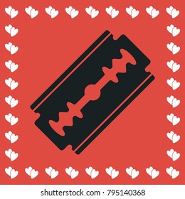 Razor icon flat. Simple black pictogram on red background with white hearts for valentines day. Vector illustration symbol