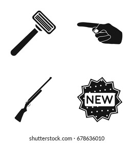 A razor, an index gesture and other web icon in black style. a gun, a label icons in set collection.