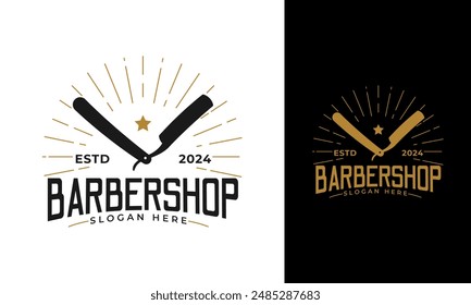 Razor logo design. Barbershop symbol with lettering and shine concept. Retro haircut vector icon