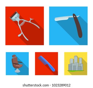 A razor, a mechanical hair clipper, an armchair and other equipment for a hairdresser.Barbershop set collection icons in flat style vector symbol stock illustration web.