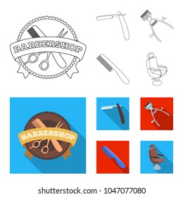 A razor, a mechanical hair clipper, an armchair and other equipment for a hairdresser.Barbershop set collection icons in outline,flat style vector symbol stock illustration web.