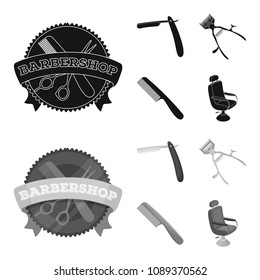 A razor, a mechanical hair clipper, an armchair and other equipment for a hairdresser.Barbershop set collection icons in black,monochrom style vector symbol stock illustration web.