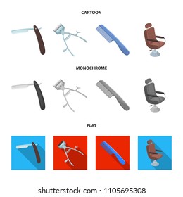 A razor, a mechanical hair clipper, an armchair and other equipment for a hairdresser.Barbershop set collection icons in cartoon,flat,monochrome style vector symbol stock illustration web.