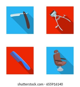 A razor, a mechanical hair clipper, an armchair and other equipment for a hairdresser.Barbershop set collection icons in flat style vector symbol stock illustration web.