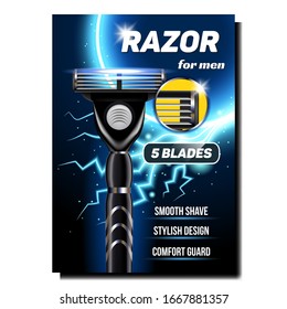 Razor For Men Creative Advertising Poster Vector. Steel Shaving Razor For Face. Smooth Shave, Stylish Design And Comfort Guard. Personal Facial Care Hygiene Concept Template 3d Illustration